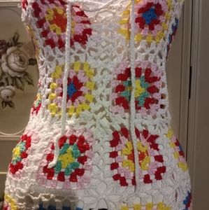 Handmade crocheted granny square lace up dress
